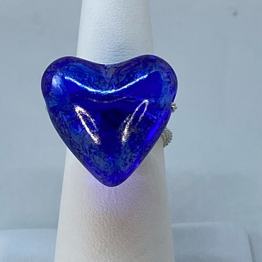 Handmade Blue Heart on Twisted Silver Tone Ring - Picture 2 of 15